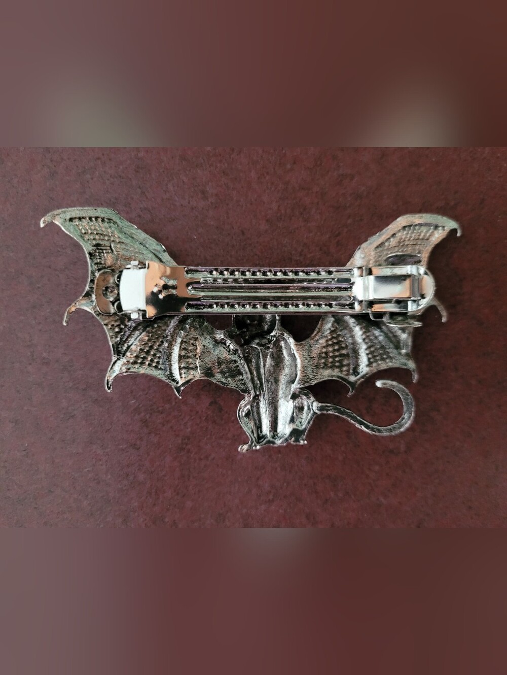 Cat Barette Hair Clip Sassy Winged Cat Demon Silver Unique Whimsigoth - Picture 3 of 5